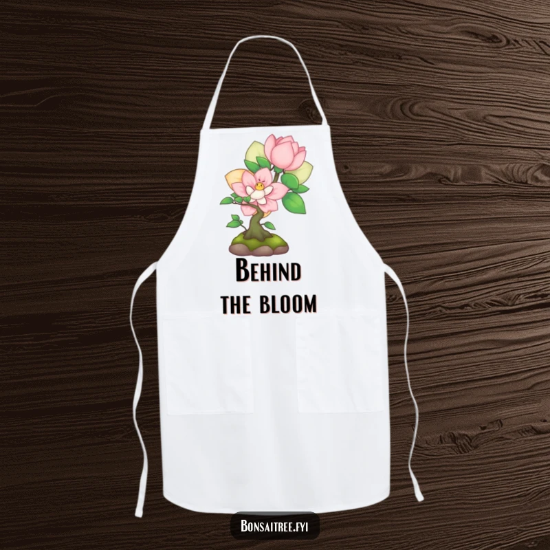 Funny shy bonsai peeking from behind a flower on a kitchen apron, combining practicality with adorable, gentle humor.