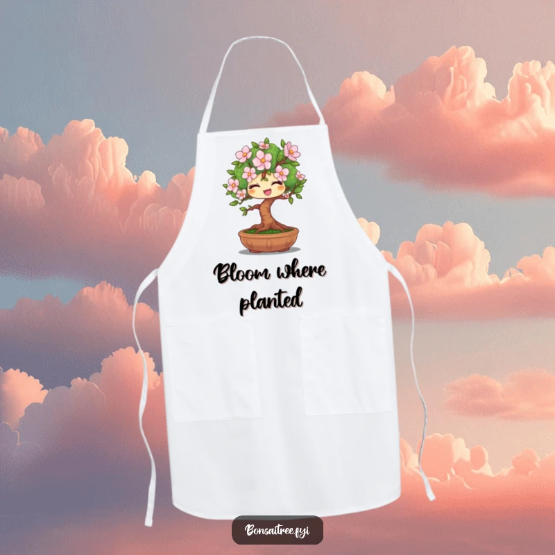 Funny apron depicting a winking bonsai tree character offering a bloom, designed for kitchen fun and humor.