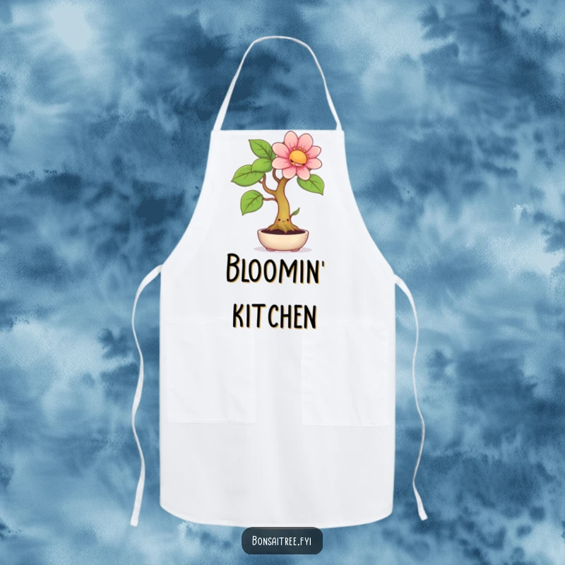 Funny apron featuring a smiling bonsai tree with a happy face, sprouting a giant, colorful flower, ideal for humorous kitchen activities.