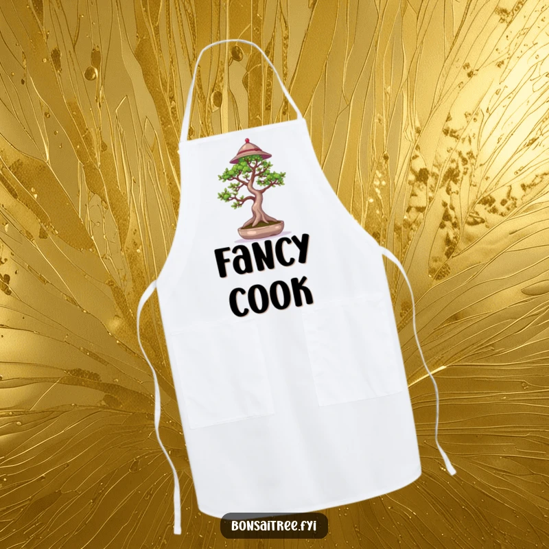 Funny apron featuring a bonsai tree wearing a small hat and waving a branch, adding a touch of humor and style to kitchen wear.