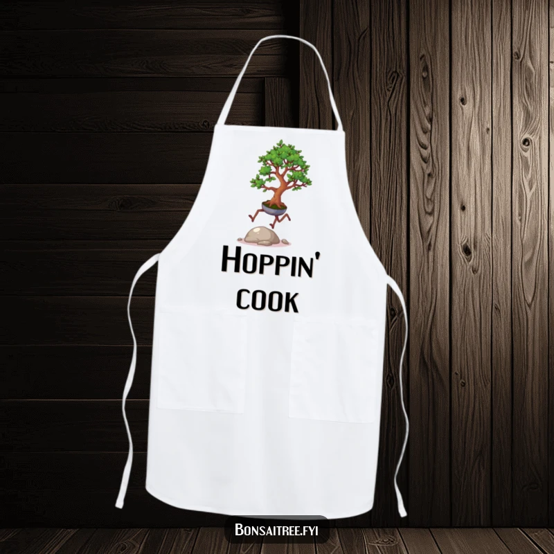 Funny apron showing a bonsai tree with legs leaping over a pebble, perfect for adding humor and protection during cooking.