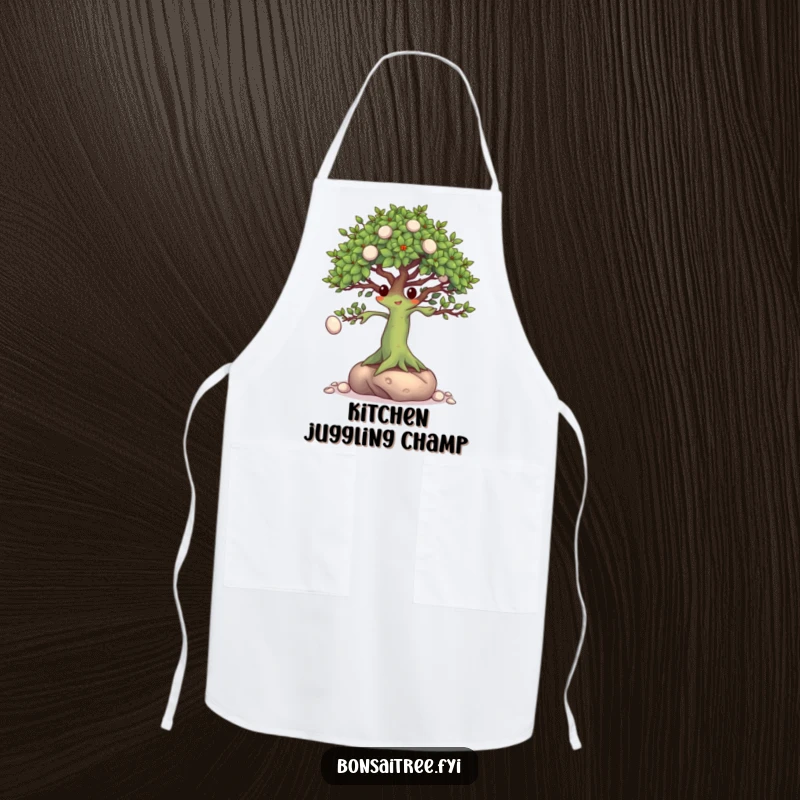 Funny Bonsai Tree Apron: A bonsai character expertly juggling tiny pebbles with its branches, making kitchen tasks entertaining.