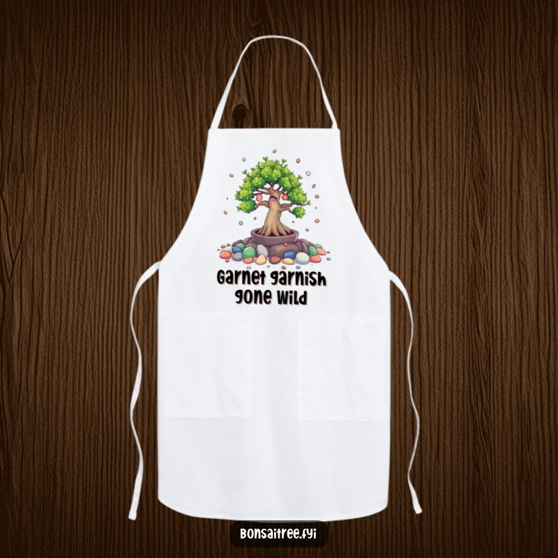 Funny apron showing a giggling bonsai tree character spilling tiny painted stones, ideal for a playful kitchen experience.