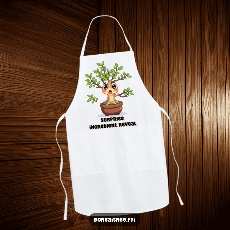 Funny Bonsai Tree Apron featuring a surprised chef character with leaves popping outwards, perfect for adding humor to kitchen tasks.