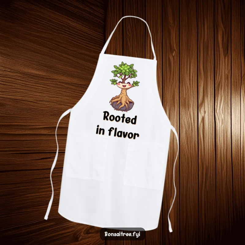 Funny Bonsai Tree Apron featuring a smiling chef character with wiggling roots, perfect for adding humor to kitchen tasks.