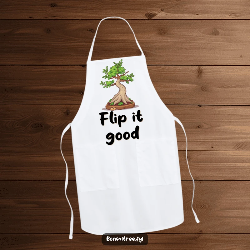 Funny bonsai tree character attempting a silly little somersault, ready to cook with flair on a cute apron.