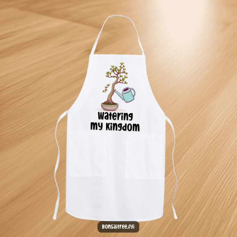 Funny apron with a tiny bonsai tree comically trying to lift a huge watering can, ideal for humorous kitchen or garden protection.