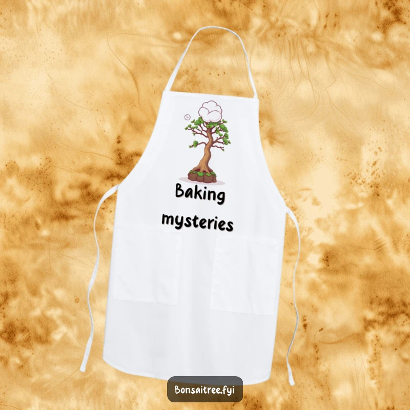 Funny apron with a curious bonsai tree character peering at a cotton ball, designed for kitchen fun and culinary curiosity.
