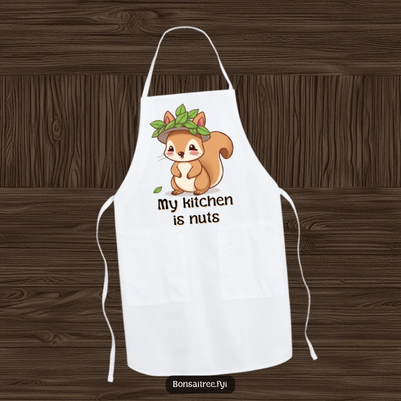 Funny playful squirrel with a leaf hat on a kitchen apron, adding a touch of nature-inspired humor to cooking, a charming accessory.