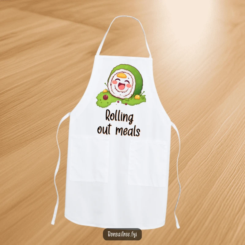 Funny apron featuring a laughing sushi roll character attempting to hide within moss, a humorous and practical kitchen accessory.