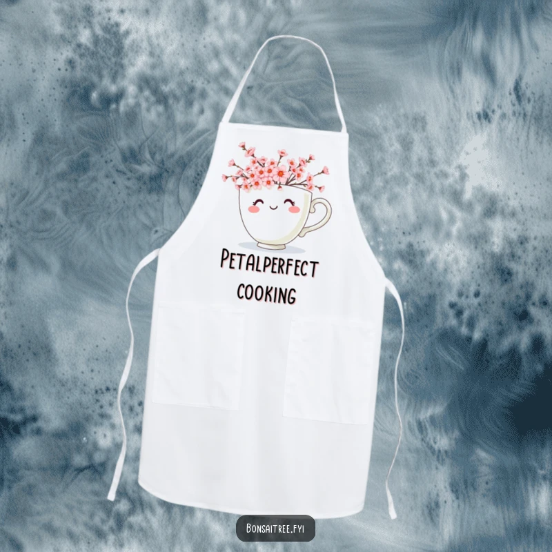 Funny apron design with a cheerful teacup character spilling over with small cherry blossoms, adding a floral and humorous touch to cooking.