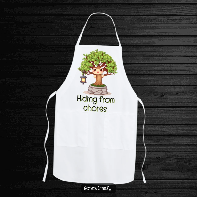 Funny apron depicting a happy bonsai tree playing peek-a-boo behind a mini stone lantern, perfect for playful kitchen tasks.