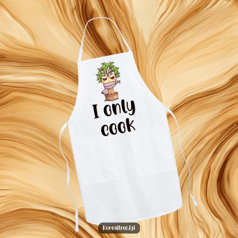 Funny grumpy bonsai tree character looking unimpressed on a kitchen apron, ideal for cooking and grilling, a humorous accessory.
