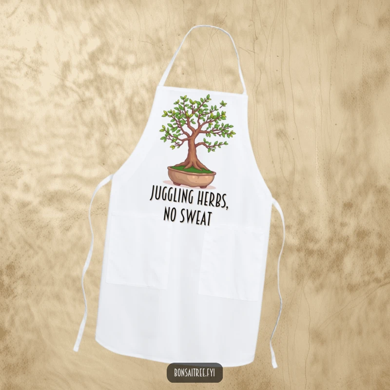 Funny Bonsai Tree Apron: A humorous kitchen accessory featuring a bonsai tree juggling its own tiny leaves.