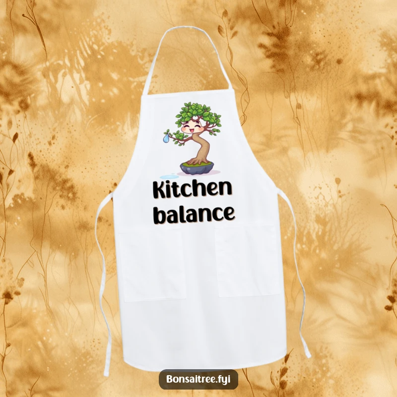 Funny giggling bonsai balancing a water droplet on a leaf on a kitchen apron, perfect for precise cooks and humorous moments.