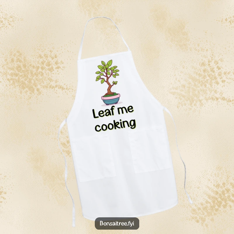 Funny cooking apron with a happy bonsai tree character offering a perfect leaf, ideal for humorous and protected meal preparation.