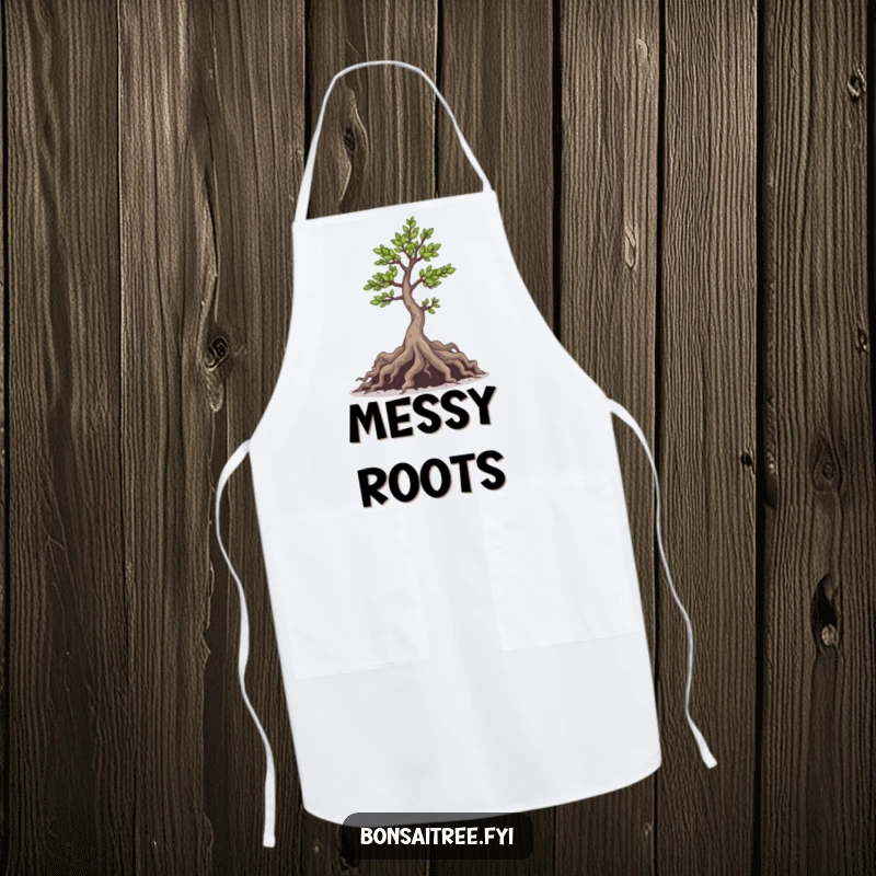 Funny apron showcasing a mischievous bonsai tree with playfully emerging roots, ideal for a fun and cheeky cooking session.