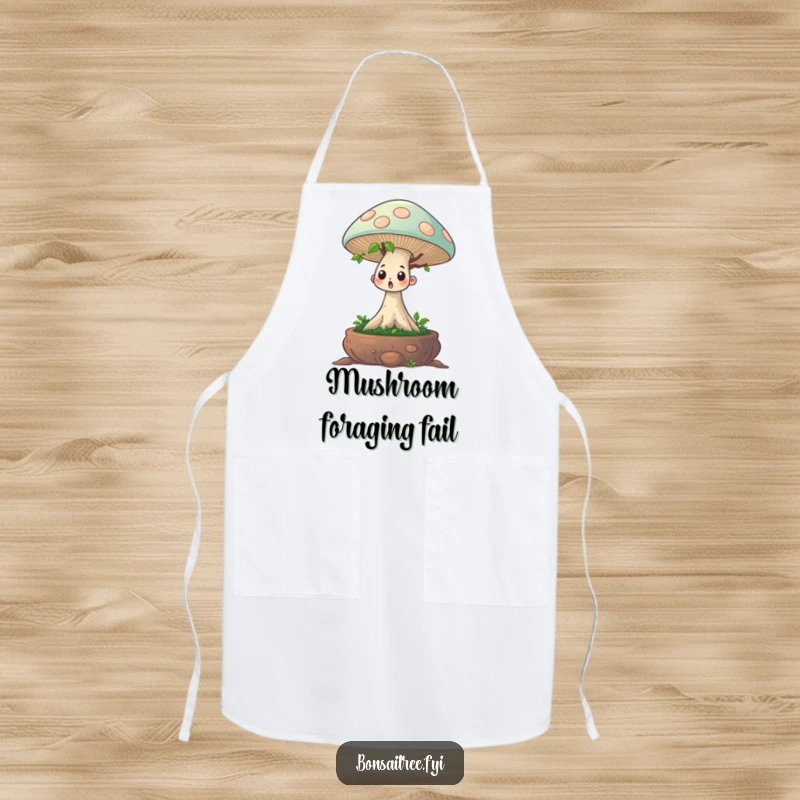 Funny apron showing a surprised bonsai tree character with a comical giant mushroom sprout, ideal for kitchen humor.
