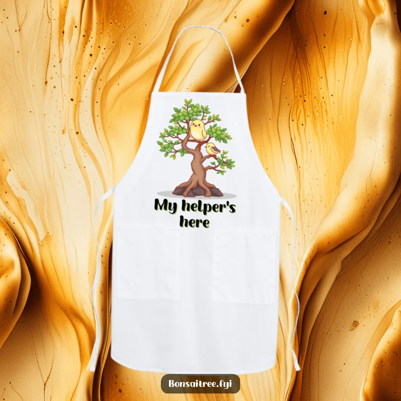 Funny apron showcasing a happy bonsai tree with a bird, bringing a cheerful and natural vibe to your kitchen.