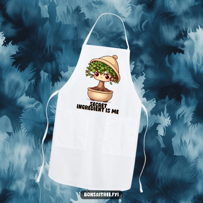Funny shy bonsai tree character peeking out from under a tiny hat, ready to cook shyly on a cute apron.