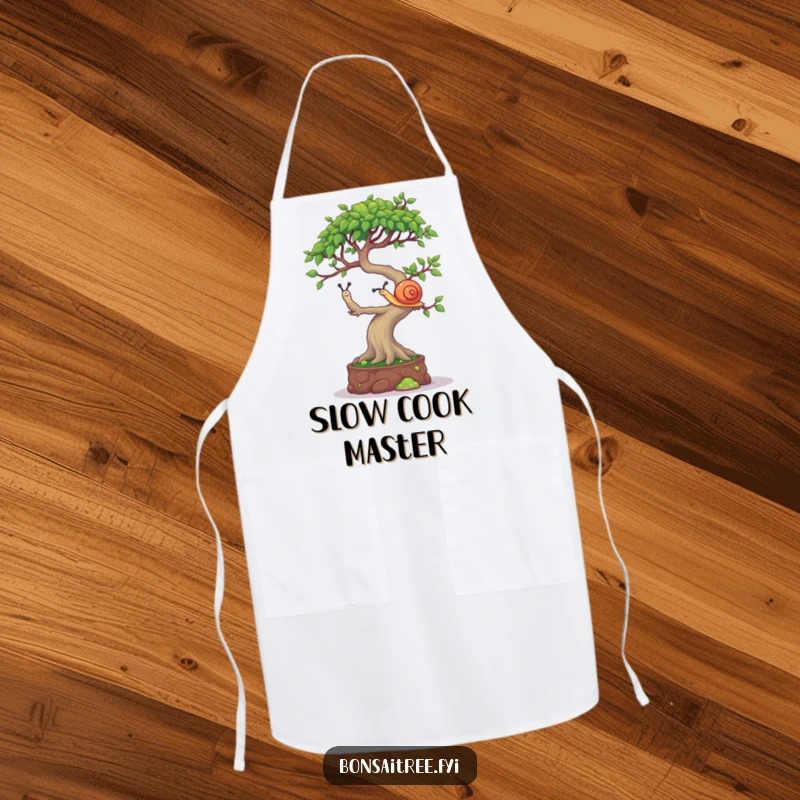 Funny Bonsai Tree Apron: A mischievous bonsai character balancing a tiny snail on its canopy, making kitchen tasks entertaining.