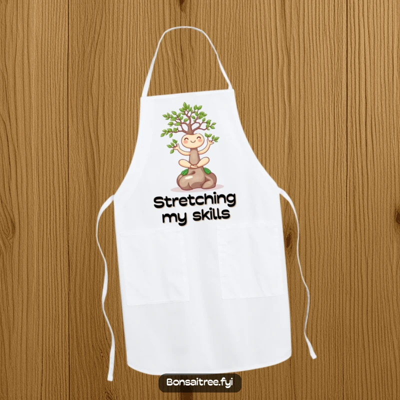 Funny apron showcasing a smiling bonsai tree in a yoga pose, perfect for a calm and humorous cooking experience.