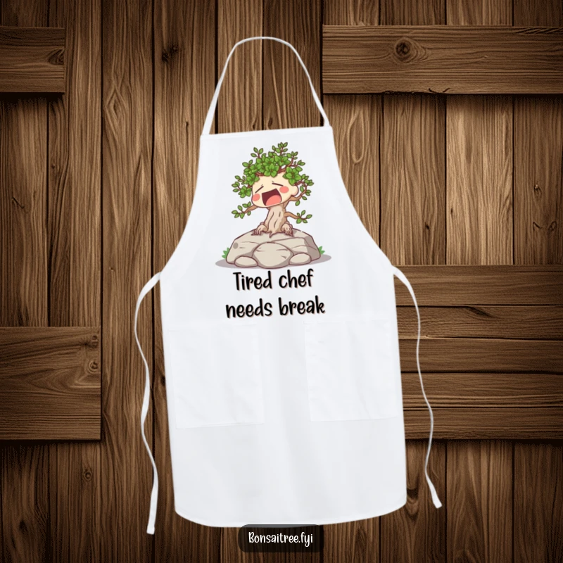 Funny apron design with a tired bonsai tree character yawning widely while sunbathing on a rock.
