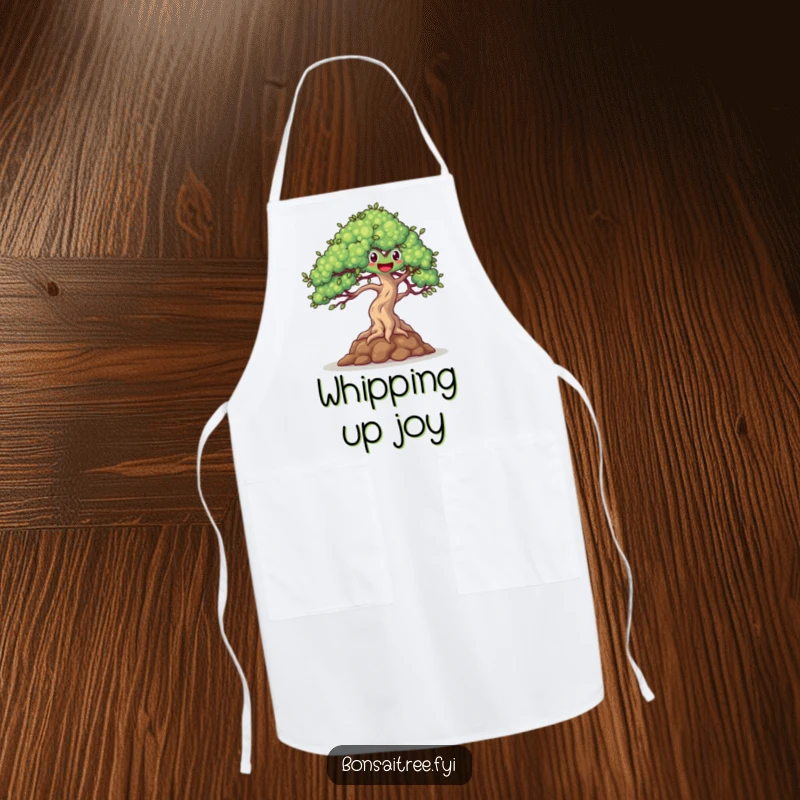 Funny chef apron with a happy bonsai tree dancing in the breeze, perfect for cheerful cooking and a funny gift.