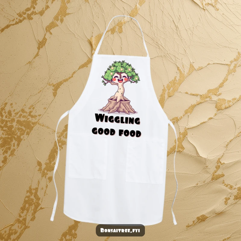 Funny cooking apron with a joyful bonsai tree with wiggling roots, ideal for humorous and protected meal preparation.