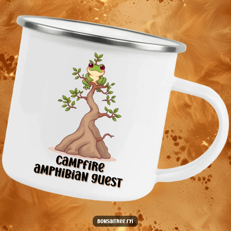 Funny camping mug with a playful bonsai tree character balancing a frog on its highest branch. Durable and humorous for nature lovers.