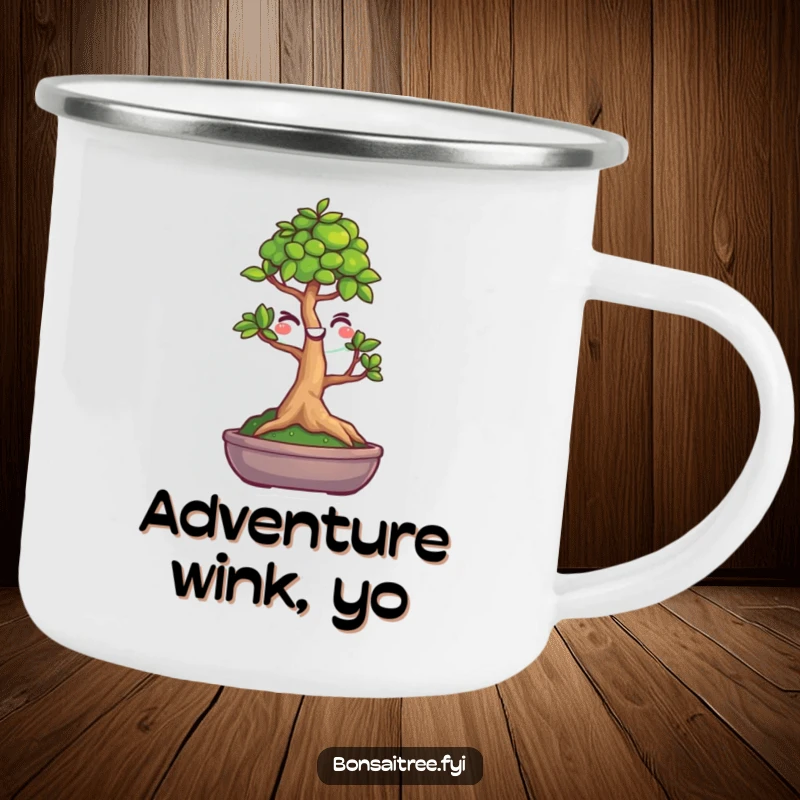 Funny, durable camping mug featuring a winking bonsai tree, perfect for hot beverages on the go.