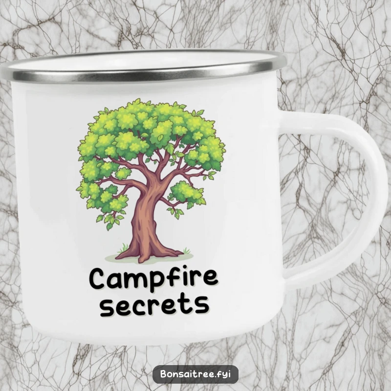 Funny, durable camping mug featuring a small tree whispering a secret, perfect for outdoor enjoyment.