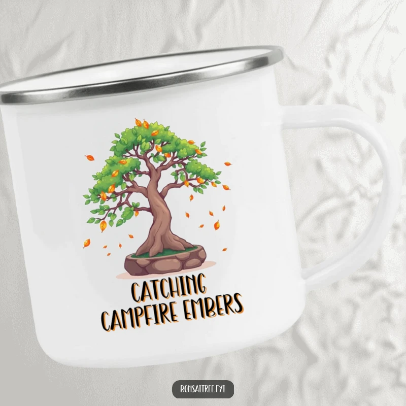 Funny Leaf-Catching Bonsai Tree Camping Mug: A bonsai catches falling leaves, ideal for outdoor humor and peaceful contemplation.
