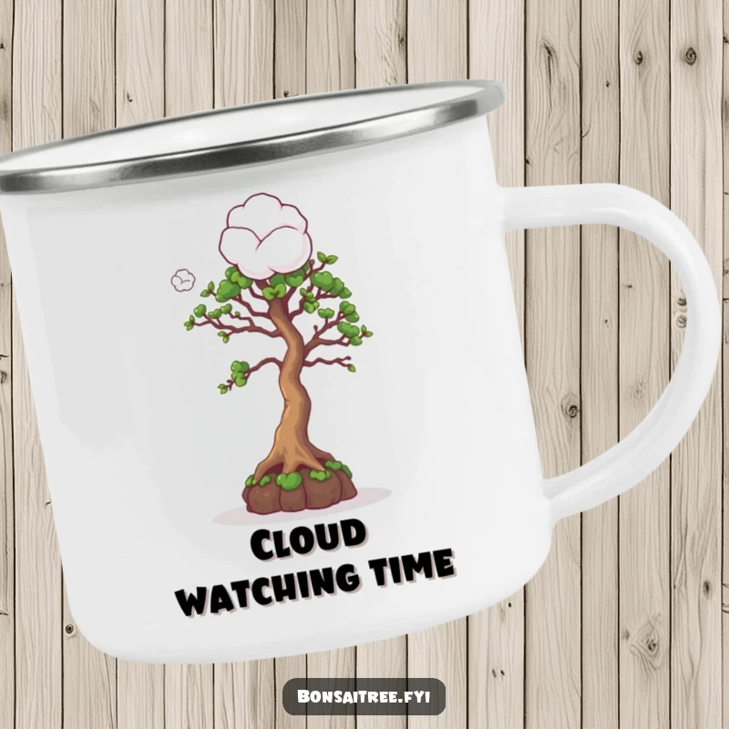 Funny camping mug showing a curious bonsai tree character looking up at a cotton ball, designed for outdoor contemplation and humor.
