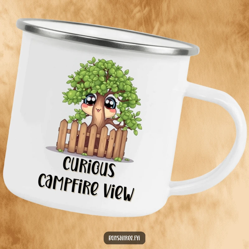 Funny enamel camping mug showing a wide-eyed bonsai tree character peeking over a miniature fence, built for humorous outdoor observation.