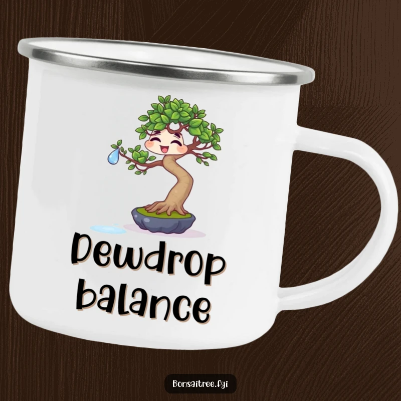 Funny giggling bonsai balancing a water droplet on a leaf on a camping mug, perfect for precise outdoor moments and humorous enjoyment.