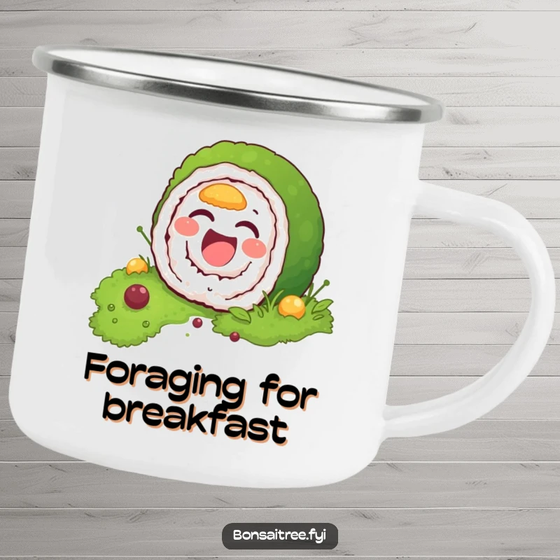 Funny camping mug depicting a laughing sushi roll character trying to blend into moss, perfect for outdoor enthusiasts who love food humor.