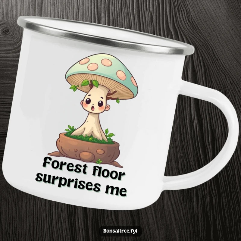 Funny camping mug with a surprised bonsai tree character sprouting a giant mushroom, durable and humorous for outdoor use.