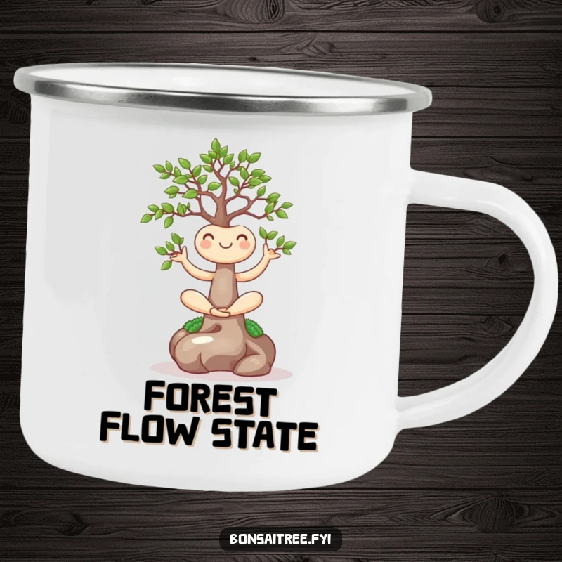 Funny camping mug featuring a smiling bonsai tree in a yoga pose, ready for outdoor adventures with a dose of zen humor.