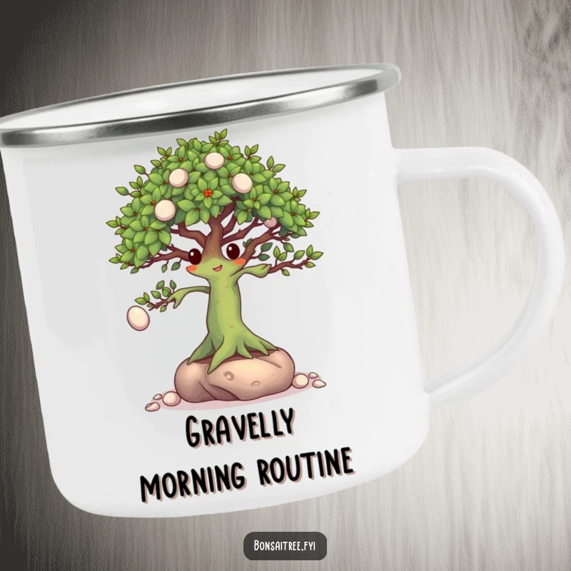 Funny Bonsai Tree Camping Mug: A skilled bonsai character juggling pebbles with its branches, perfect for outdoor enthusiasts.