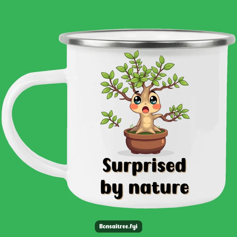 Funny Bonsai Tree Camping Mug: Surprised Leaves Adventure, Humorous Outdoor Gift