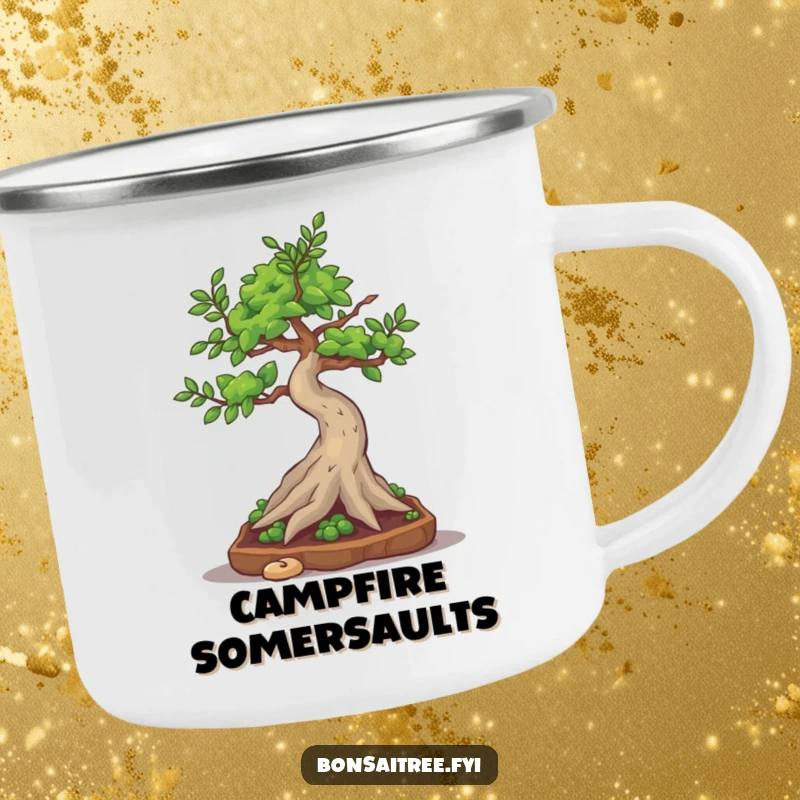 Funny bonsai tree character attempting a silly little somersault, ready for outdoor fun on a sturdy camping mug.