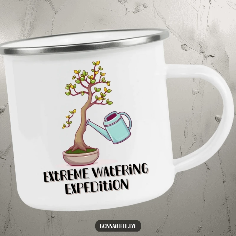 Funny camping mug featuring a tiny bonsai tree comically trying to lift an oversized watering can, embodying outdoor adventure humor.