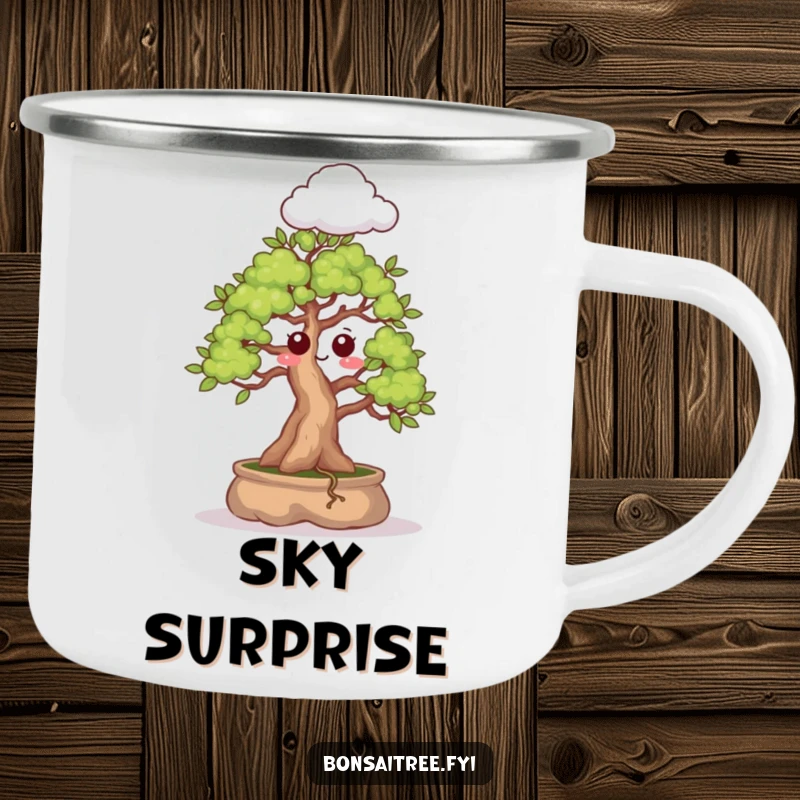Funny enamel camping mug featuring a bonsai tree with a surprised expression sprouting a cloud, perfect for outdoor enthusiasts with a sense of humor.