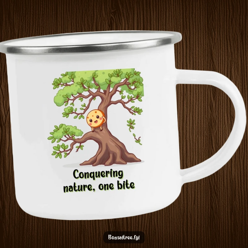 Funny camping mug featuring a cookie character scaling a bonsai branch, ideal for outdoor enthusiasts who enjoy humor.