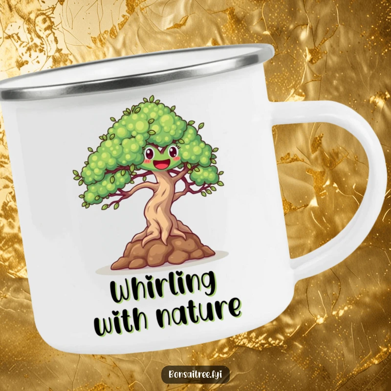 Durable, funny camping mug of a happy bonsai tree dancing in a gentle breeze, great for cheerful outdoor moments.