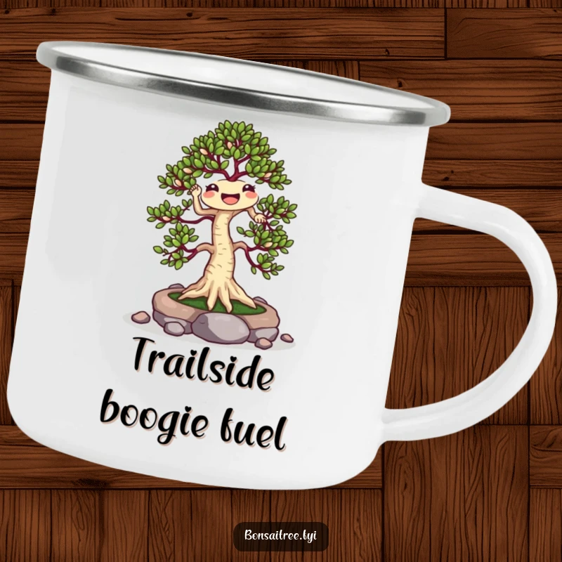 Funny Jigging Bonsai Tree Camping Mug: A cheerful bonsai dances with stones, ideal for outdoor humor and spirited enjoyment.