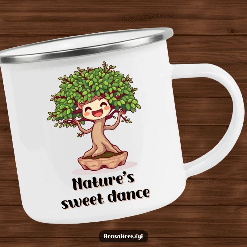 Funny camping mug showing a joyful bonsai tree character dancing with the breeze, designed for outdoor fun and spirited enjoyment.