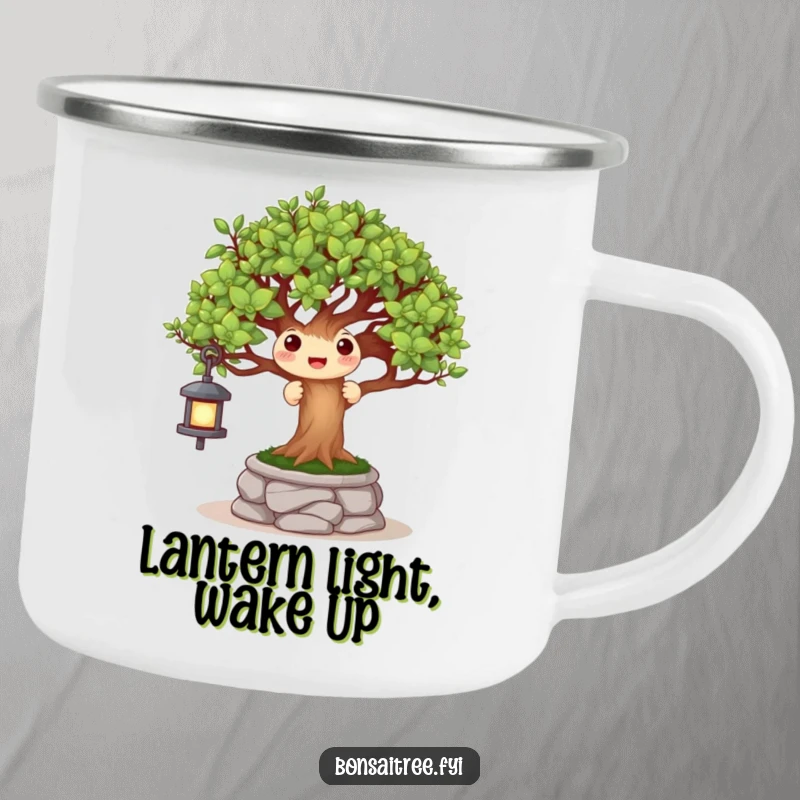 Funny camping mug with a cheerful bonsai tree character peeking from behind a small stone lantern, ideal for joyful outdoor moments.