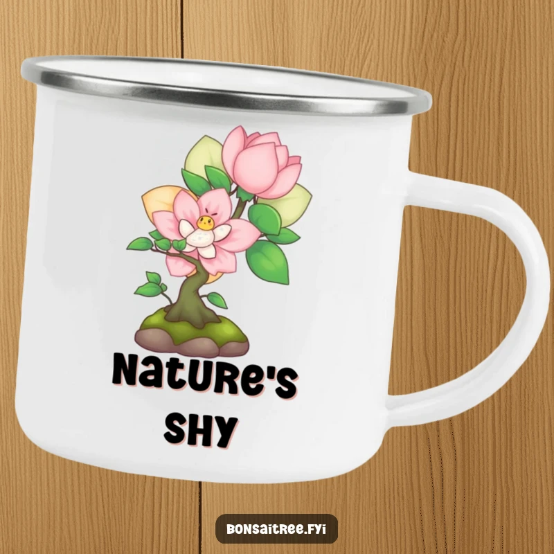 Funny shy bonsai peeking from behind a flower on a camping mug, perfect for cute, humorous outdoor moments.